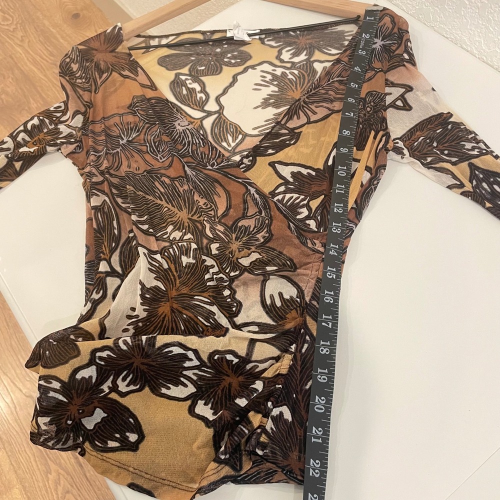 Cache Vintage Y2K Sheer Mesh Floral Wrap Top Long Sleeve Brown Tan V-Neck Large - Picture 7 of 9